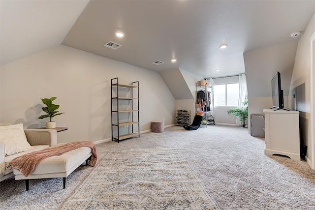 12004 SW 49th St, Mustang, OK 73064 - living area featuring vaulted ceiling, carpet, baseboards, and recessed lighting