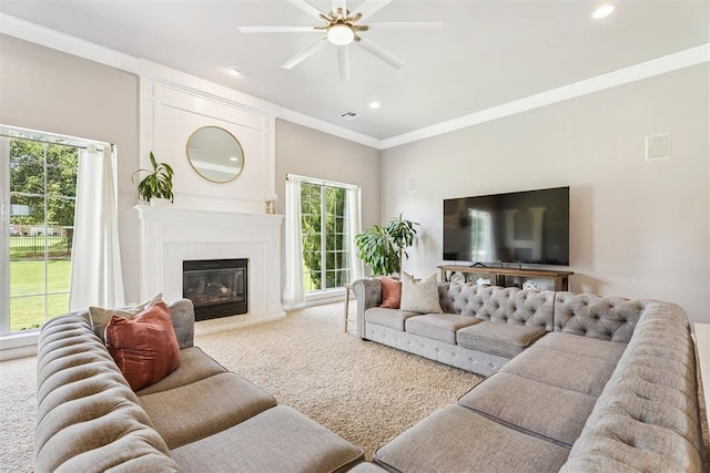 16523 Roserock Cir, Choctaw, OK 73020 - living area featuring carpet flooring, plenty of natural light, ceiling fan, recessed lighting, and ornamental molding
