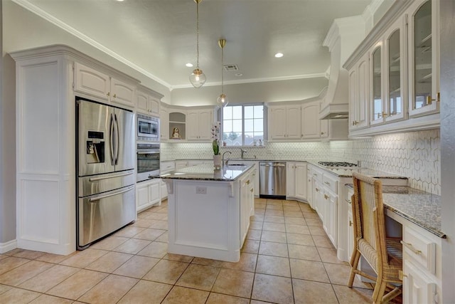 16523 Roserock Cir, Choctaw, OK 73020 - kitchen with stainless steel appliances, light tile patterned floors, light stone countertops, backsplash, and glass insert cabinets