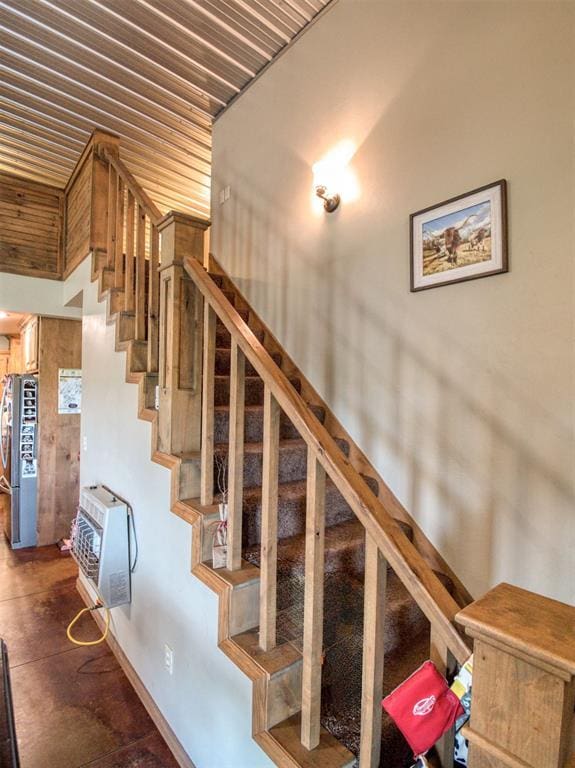 34325 E 1070th Rd, Mcloud, OK 74851 - stairs featuring heating unit and wooden ceiling