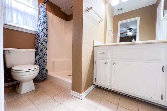 8409 Bigwood Dr, Oklahoma City, OK 73135 - bathroom with tile patterned floors, a shower stall, toilet, ceiling fan, and a textured wall