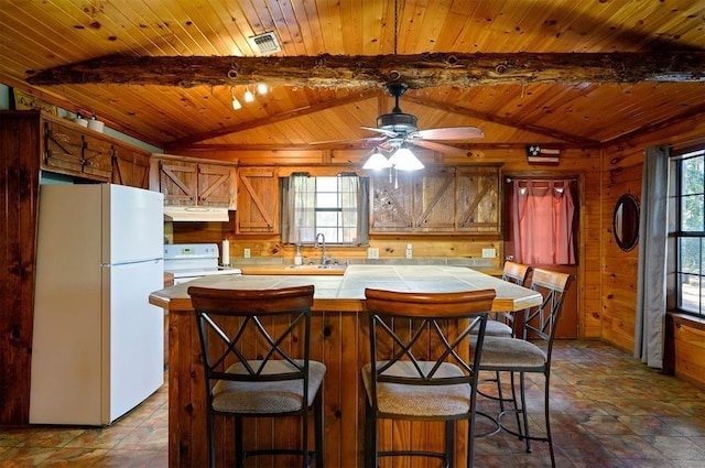 506 Wild Goose Rd, Broken Bow, OK 74728 - kitchen featuring white appliances, tile counters, under cabinet range hood, wood ceiling, and a sink