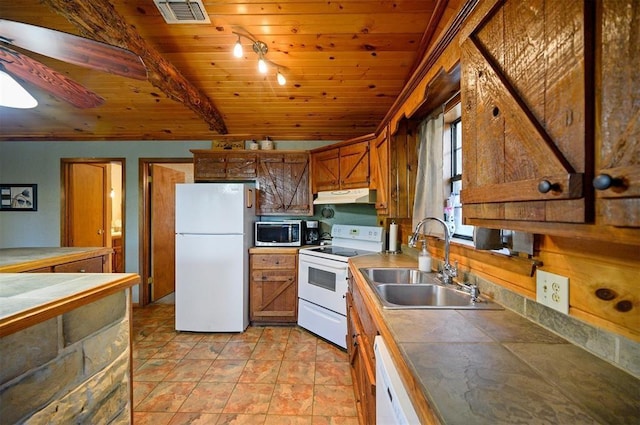 506 Wild Goose Rd, Broken Bow, OK 74728 - kitchen with white appliances, under cabinet range hood, a sink, wood ceiling, and ceiling fan