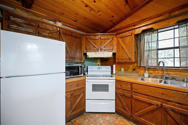 506 Wild Goose Rd, Broken Bow, OK 74728 - kitchen with white appliances, a sink, under cabinet range hood, wooden ceiling, and light countertops