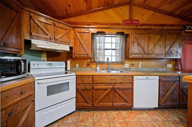 506 Wild Goose Rd, Broken Bow, OK 74728 - kitchen with white appliances, under cabinet range hood, a sink, wooden ceiling with exposed beams, and wood walls