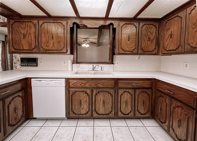 715 N Max, Hinton, OK 73047 - kitchen featuring dishwasher, a sink, light countertops, tasteful backsplash, and a ceiling fan
