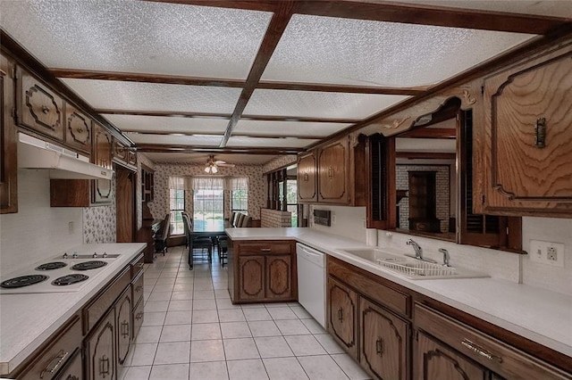 715 N Max, Hinton, OK 73047 - kitchen with white appliances, under cabinet range hood, a sink, light countertops, and coffered ceiling