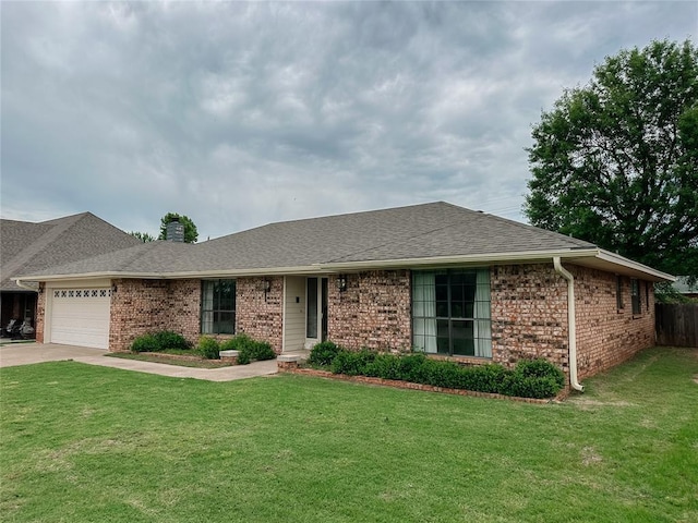 715 N Max, Hinton, OK 73047 - ranch-style house with brick siding, an attached garage, a chimney, driveway, and roof with shingles