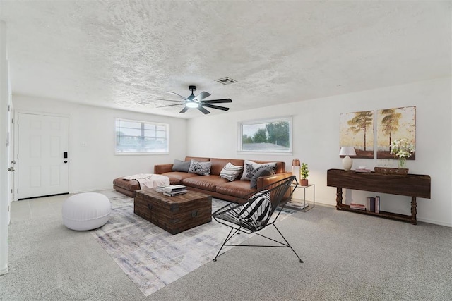 3831 NW Bell Ave, Lawton, OK 73505 - carpeted living room with a ceiling fan, baseboards, and a textured ceiling