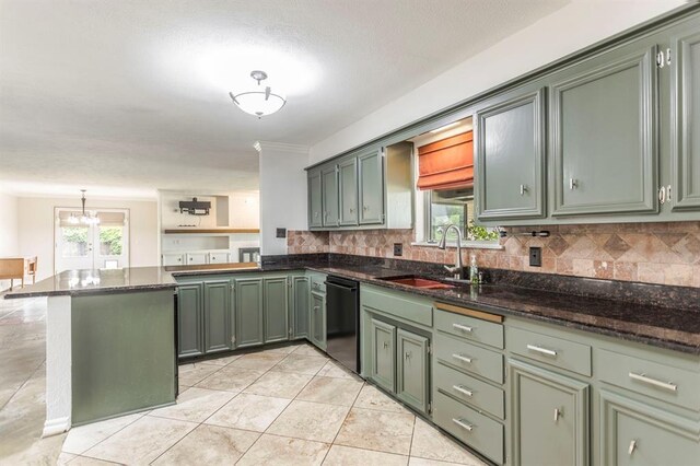 11100 Willow Grove Rd, Oklahoma City, OK 73120 - kitchen featuring green cabinetry, black dishwasher, a peninsula, tasteful backsplash, and light tile patterned flooring
