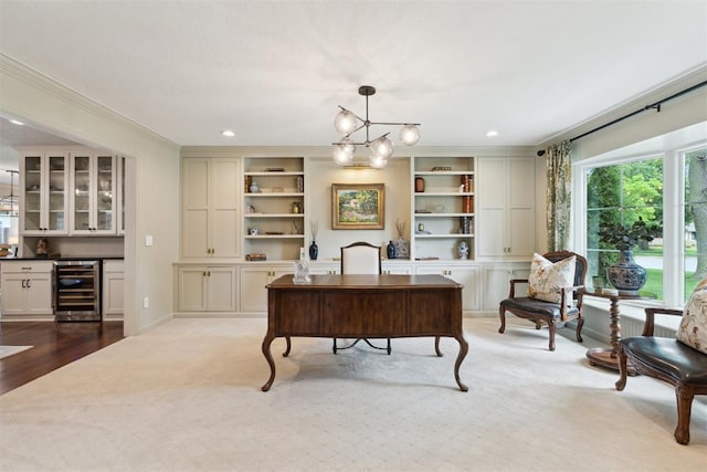 1201 Westchester Dr, Oklahoma City, OK 73114 - carpeted office space with wine cooler, bar, crown molding, recessed lighting, and built in shelves