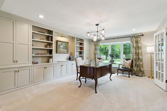 1201 Westchester Dr, Oklahoma City, OK 73114 - office space with ornamental molding, light carpet, a chandelier, recessed lighting, and built in shelves