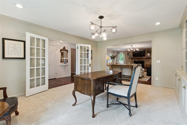 1201 Westchester Dr, Oklahoma City, OK 73114 - home office with a chandelier, french doors, ornamental molding, baseboards, and recessed lighting