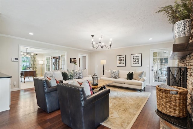 1201 Westchester Dr, Oklahoma City, OK 73114 - living room featuring a chandelier, dark wood-style floors, recessed lighting, ornamental molding, and baseboards