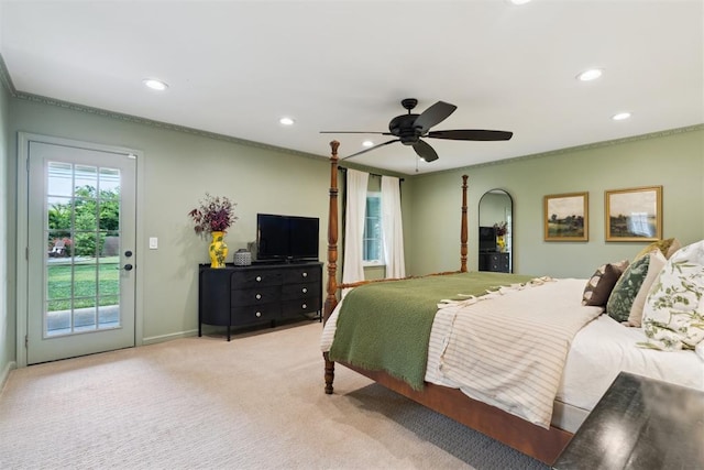 1201 Westchester Dr, Oklahoma City, OK 73114 - bedroom featuring access to exterior, ornamental molding, recessed lighting, light carpet, and baseboards
