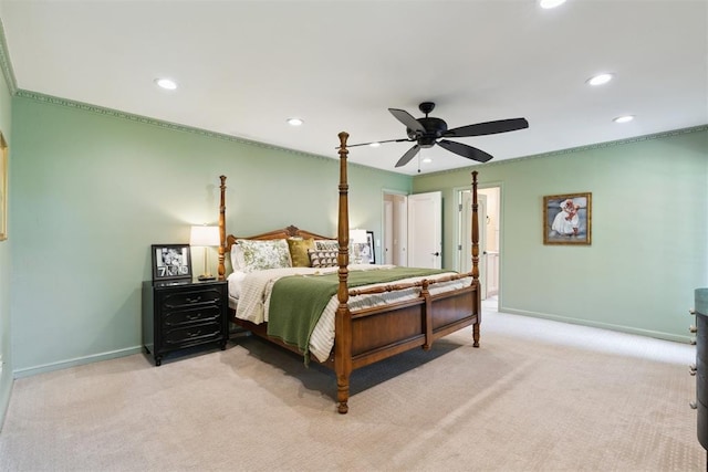 1201 Westchester Dr, Oklahoma City, OK 73114 - bedroom featuring recessed lighting, light carpet, baseboards, crown molding, and a ceiling fan