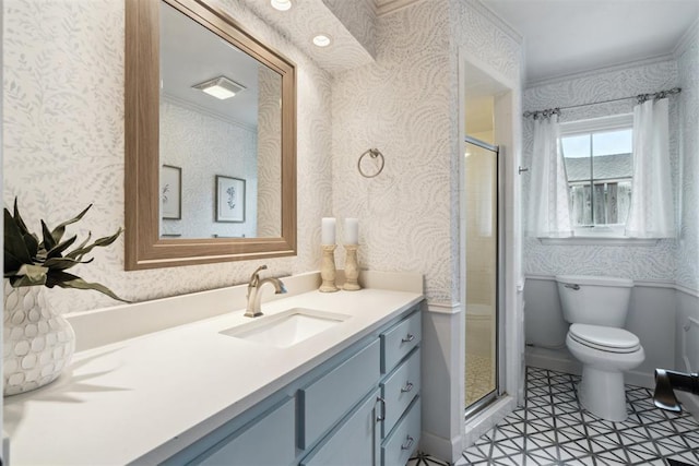1201 Westchester Dr, Oklahoma City, OK 73114 - full bathroom with wallpapered walls, toilet, vanity, and a shower stall