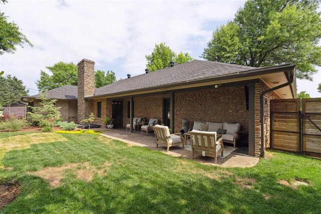 1201 Westchester Dr, Oklahoma City, OK 73114 - back of property with outdoor lounge area, a chimney, roof with shingles, and a patio area