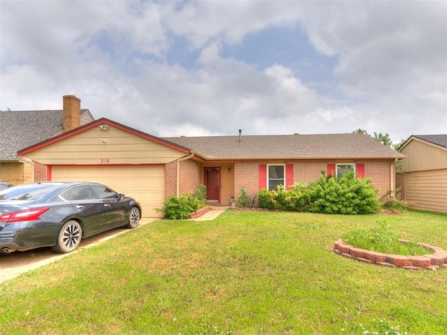 216 N English Dr, Moore, OK 73160 - single story home with brick siding, an attached garage, a front yard, driveway, and a shingled roof
