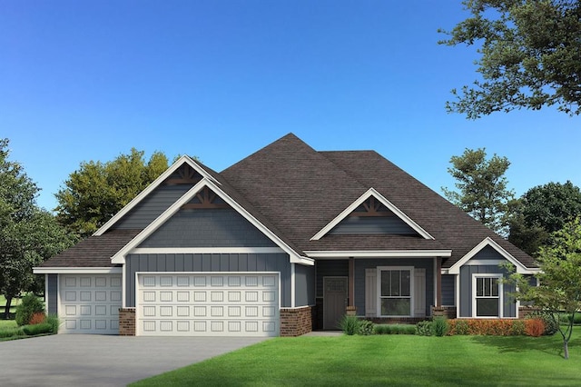 craftsman-style house featuring a front lawn, an attached garage, concrete driveway, board and batten siding, and brick siding