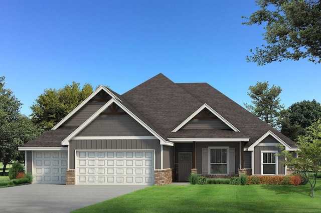 craftsman-style home featuring a front lawn, an attached garage, concrete driveway, board and batten siding, and roof with shingles