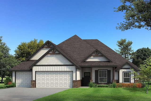 view of front of home featuring board and batten siding, a garage, a front yard, concrete driveway, and brick siding