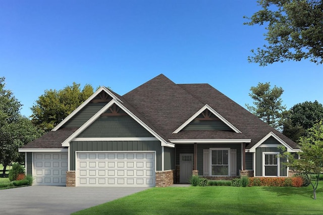 craftsman-style house featuring a garage, a front yard, driveway, board and batten siding, and roof with shingles