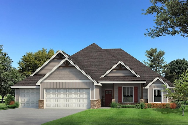 craftsman inspired home featuring board and batten siding, an attached garage, a front yard, and driveway