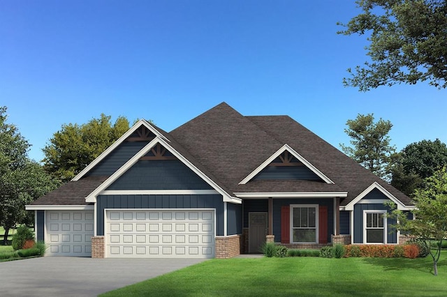 craftsman-style home with an attached garage, a front yard, concrete driveway, board and batten siding, and brick siding