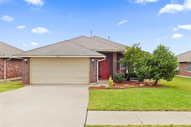 4125 Queens Dr, Moore, OK 73160 - ranch-style home with an attached garage, brick siding, driveway, a front lawn, and roof with shingles