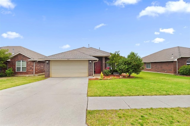 4125 Queens Dr, Moore, OK 73160 - ranch-style house with an attached garage, brick siding, driveway, and a front lawn