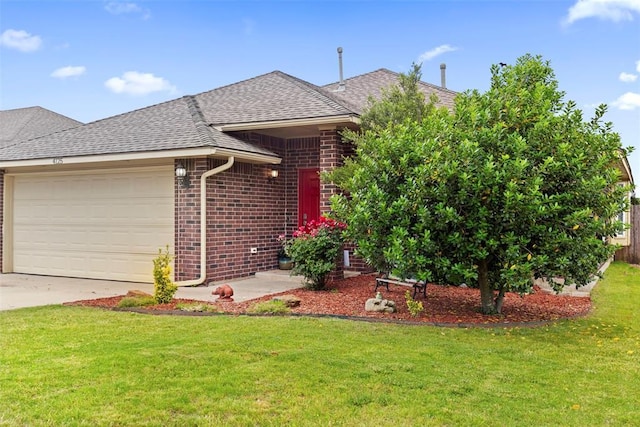 4125 Queens Dr, Moore, OK 73160 - ranch-style home featuring brick siding, a garage, concrete driveway, a shingled roof, and a front yard