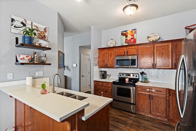 4125 Queens Dr, Moore, OK 73160 - kitchen featuring appliances with stainless steel finishes, a sink, a peninsula, decorative backsplash, and dark wood-style floors