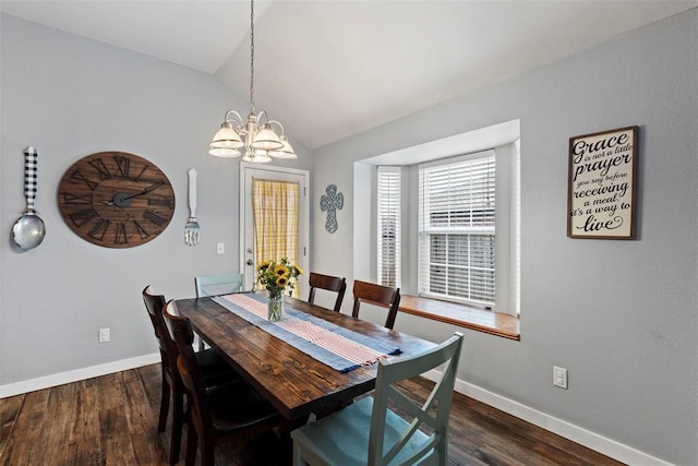 4125 Queens Dr, Moore, OK 73160 - dining area with a chandelier, lofted ceiling, baseboards, and dark wood-type flooring