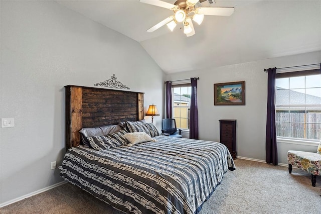 4125 Queens Dr, Moore, OK 73160 - bedroom featuring carpet, vaulted ceiling, ceiling fan, and baseboards