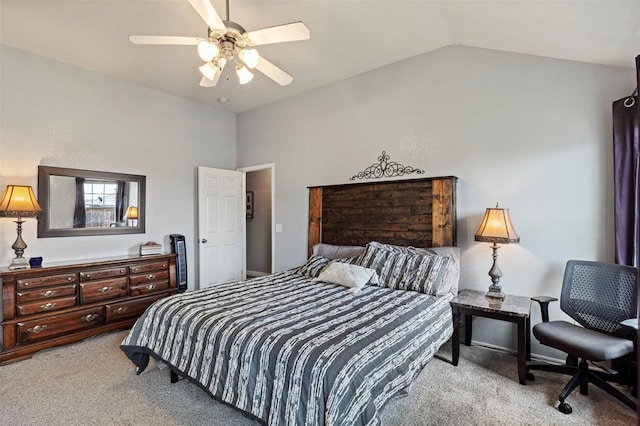 4125 Queens Dr, Moore, OK 73160 - bedroom featuring carpet floors, vaulted ceiling, and ceiling fan