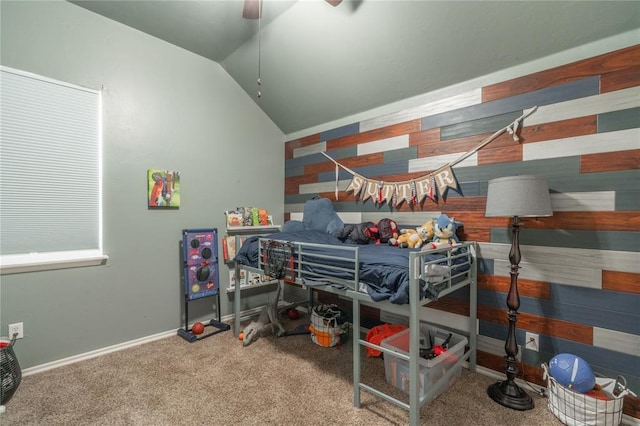 2504 NW 180th St, Edmond, OK 73012 - carpeted bedroom with vaulted ceiling, baseboards, and ceiling fan