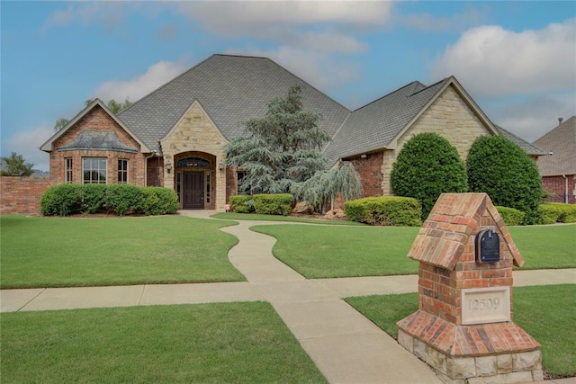 12509 St Lukes Ln, Oklahoma City, OK 73142 - view of front of property with stone siding, a front lawn, and brick siding