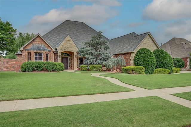 12509 St Lukes Ln, Oklahoma City, OK 73142 - view of front of house with stone siding, a front lawn, and brick siding