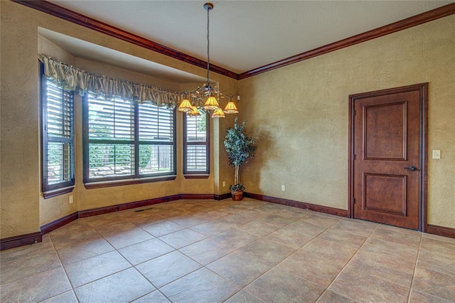12509 St Lukes Ln, Oklahoma City, OK 73142 - unfurnished dining area with crown molding, light tile patterned flooring, a textured wall, and baseboards