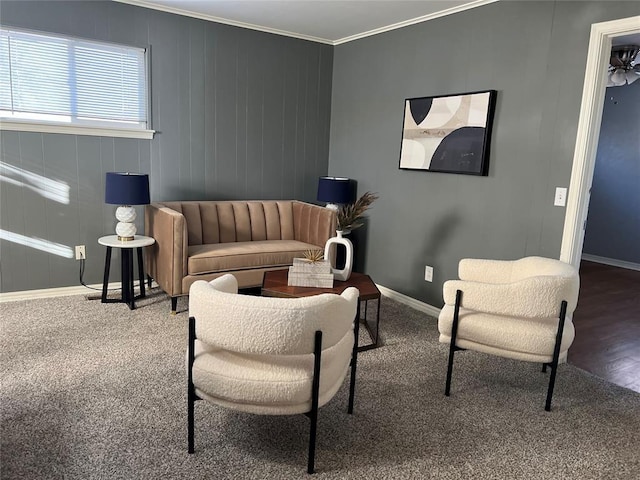 2109 Brighton Ave, Oklahoma City, OK 73120 - living area featuring ornamental molding, baseboards, and carpet