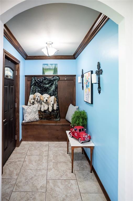 8100 N Burns Rd, Edmond, OK 73025 - hall featuring arched walkways, ornamental molding, and baseboards