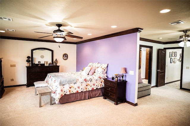 8100 N Burns Rd, Edmond, OK 73025 - carpeted bedroom featuring crown molding, baseboards, recessed lighting, and a ceiling fan