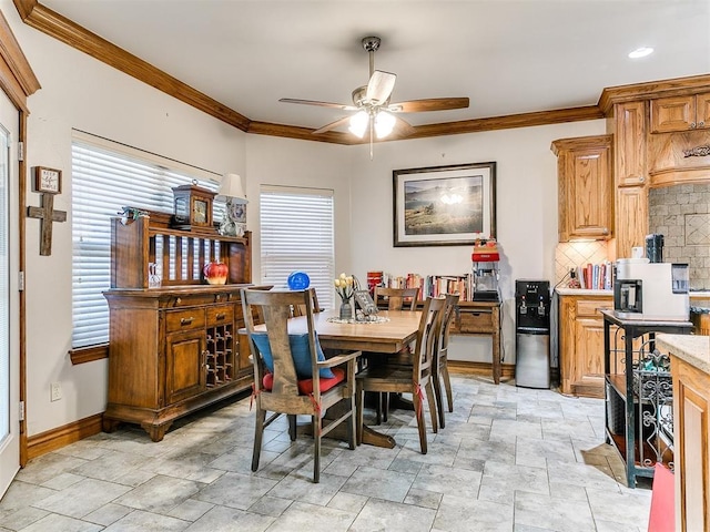 5877 W Washington Ave, Piedmont, OK 73078 - dining room featuring crown molding, light stone finish floors, a ceiling fan, baseboards, and recessed lighting