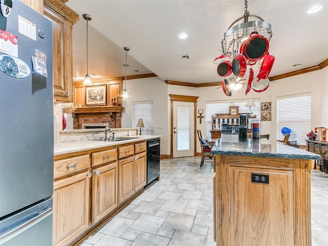 5877 W Washington Ave, Piedmont, OK 73078 - kitchen featuring freestanding refrigerator, ornamental molding, black dishwasher, a sink, and decorative backsplash