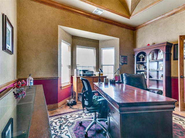 5877 W Washington Ave, Piedmont, OK 73078 - office area featuring crown molding, wood finished floors, baseboards, and a textured wall