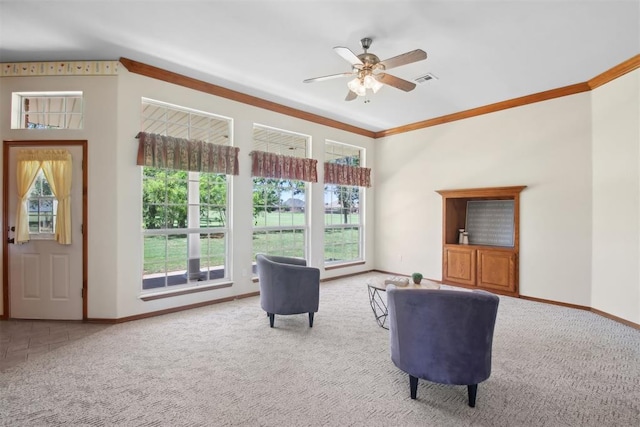 1227 Stout Dr NW, Piedmont, OK 73078 - sitting room featuring baseboards, carpet floors, a ceiling fan, and ornamental molding