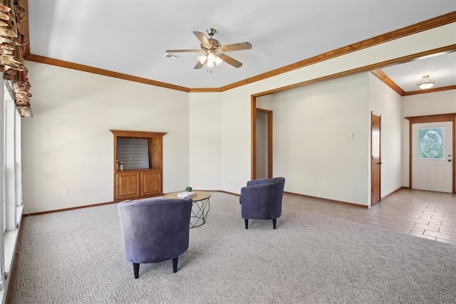 1227 Stout Dr NW, Piedmont, OK 73078 - unfurnished living room featuring carpet flooring, a ceiling fan, baseboards, and crown molding