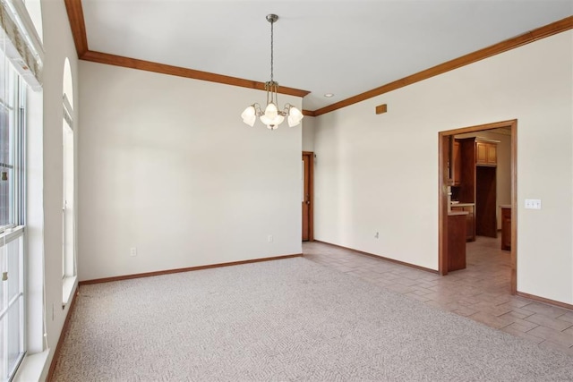 1227 Stout Dr NW, Piedmont, OK 73078 - unfurnished room with crown molding, a chandelier, baseboards, and carpet floors