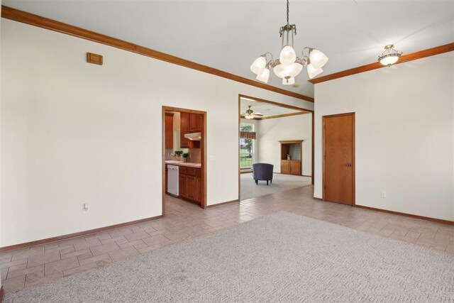 1227 Stout Dr NW, Piedmont, OK 73078 - tiled empty room with ornamental molding, a chandelier, baseboards, and a ceiling fan